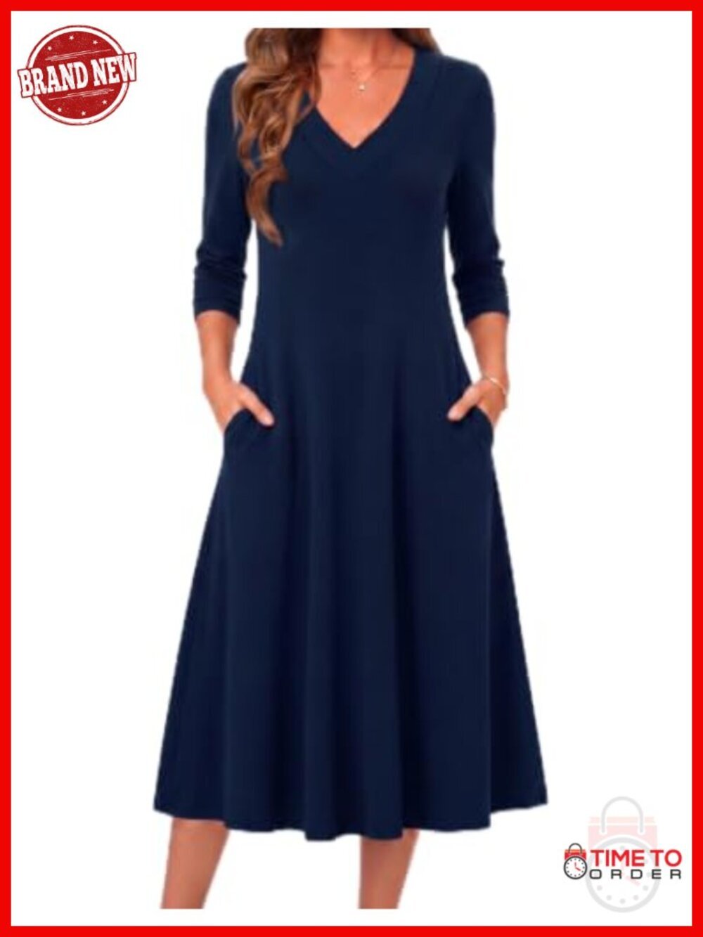 Long Sleeve Midi Dress with Pockets Flare V-Neck A-Line Fall Dress